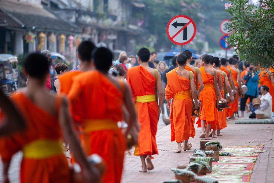 Moines bouddhistes recevant des offrandes lors de l’aumône matinale à Luang Prabang, un rituel sacré du Laos.